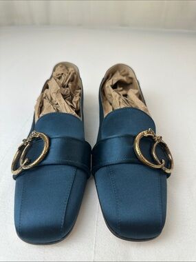 Charlotte Olympia Satin Blue Square-Toe Flats with Gold Double Rings